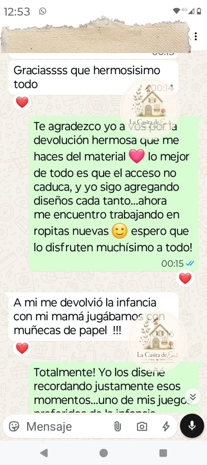 Mensaje de una clienta sobre su experiencia con los materiales imprimibles