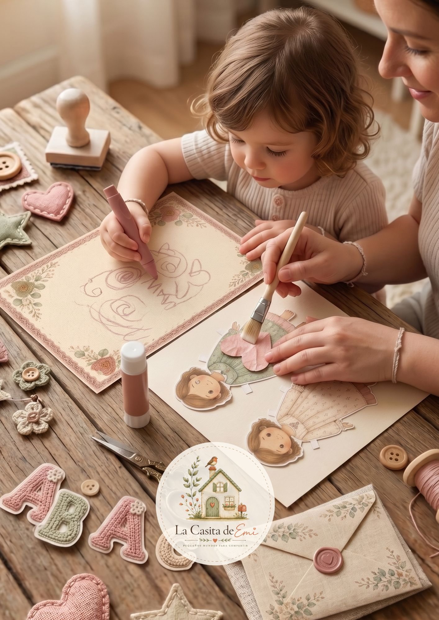 Una mamá y su hija compartiendo una actividad creativa alrededor de una mesa