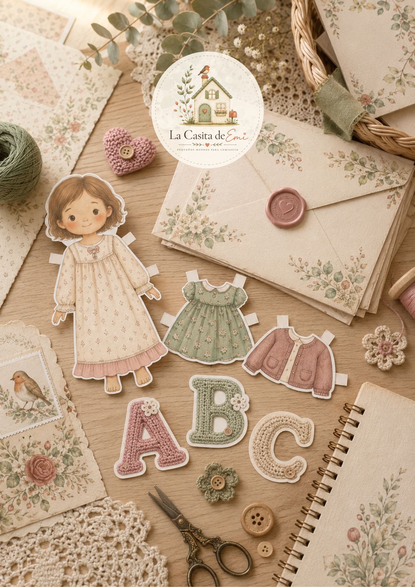 Colecciones imprimibles de La Casita de Emi con papelería vintage, muñecos de papel y recursos textiles.